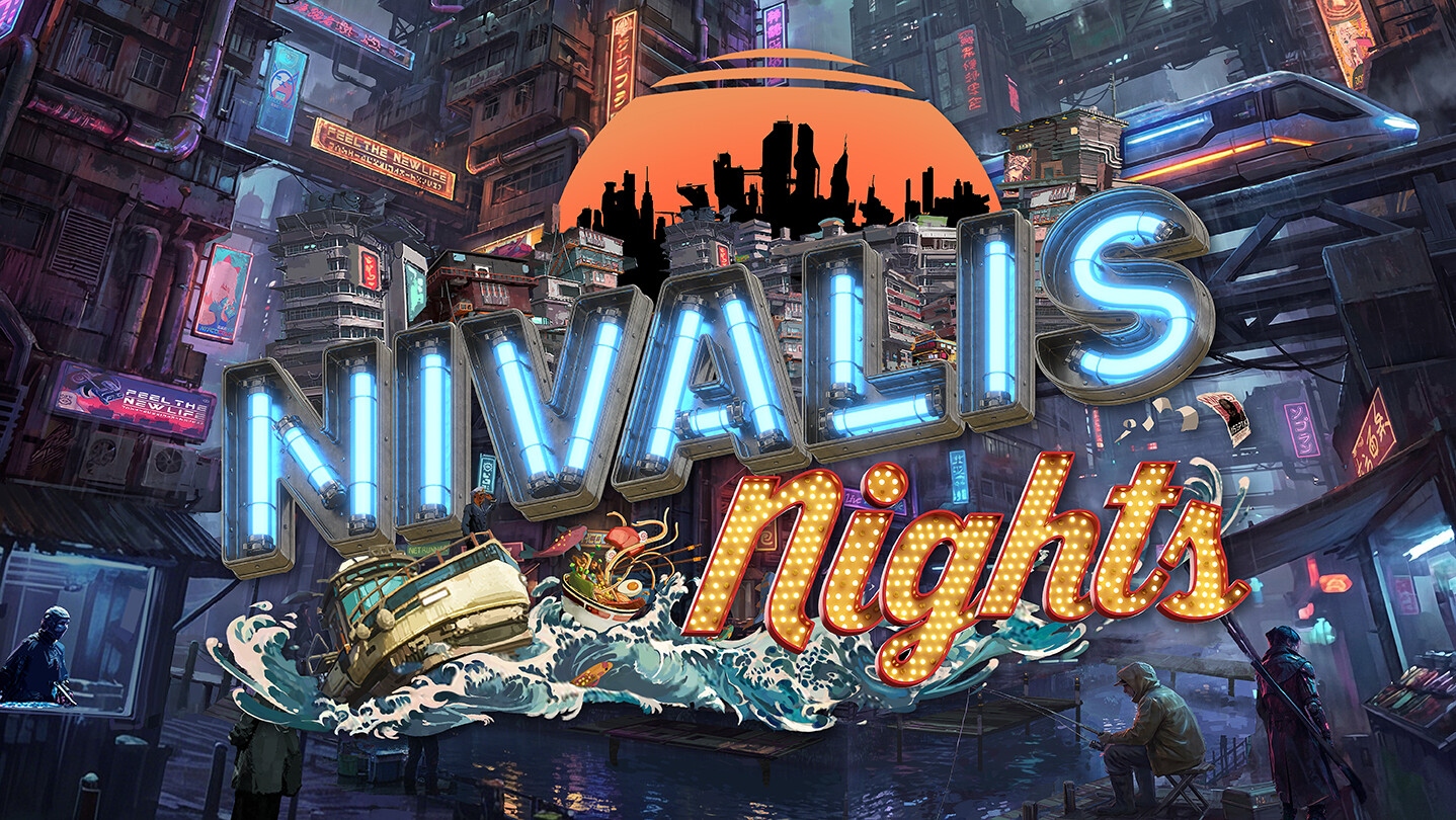 Nivalis Nights logo over the neon city of Nivalis