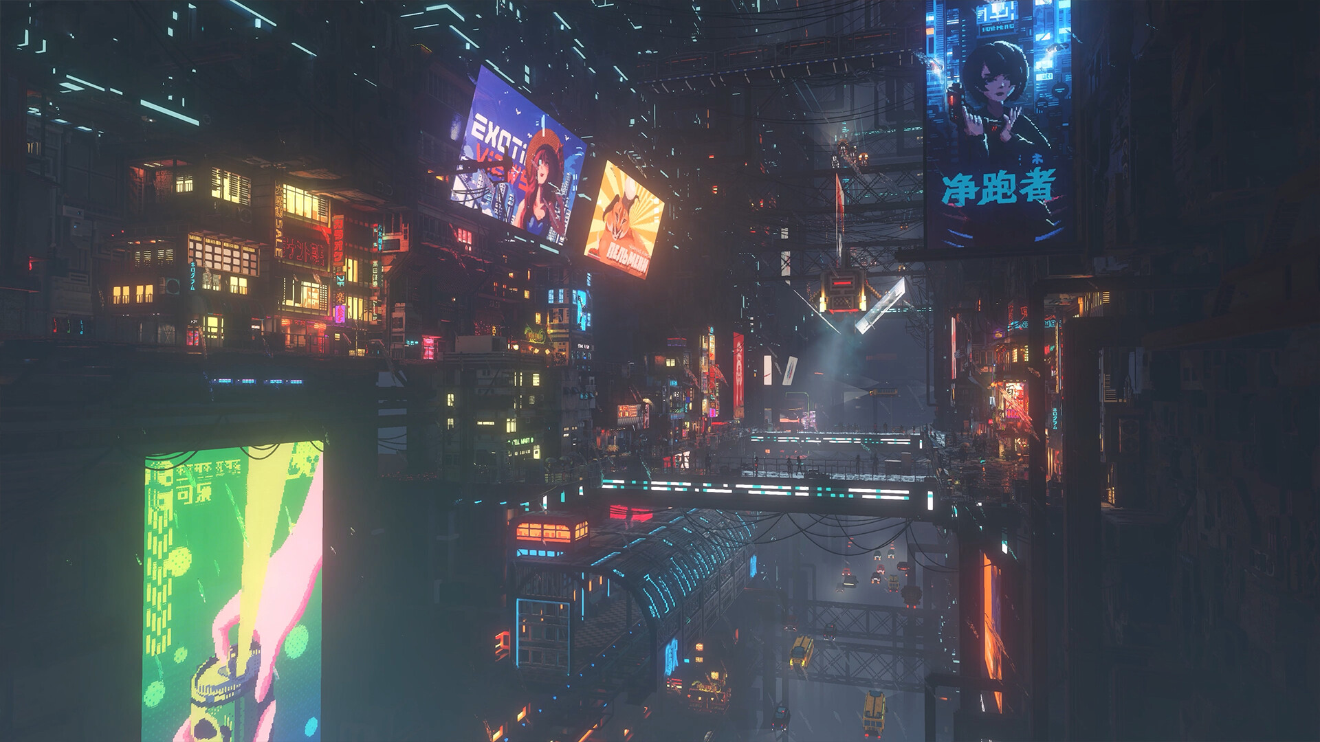The dense vertical city of Nivalis illuminated by neon billboards at night