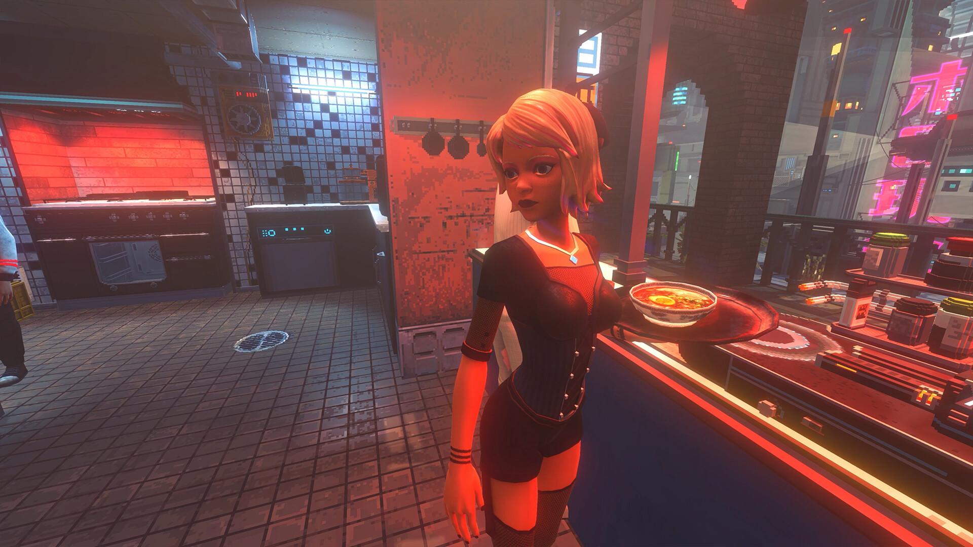 A restaurant worker serving a bowl of ramen