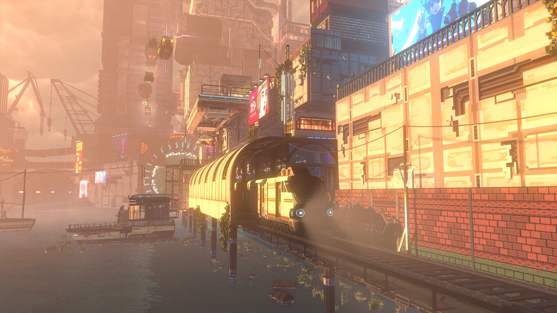 A train travelling above the waterside districts of Nivalis