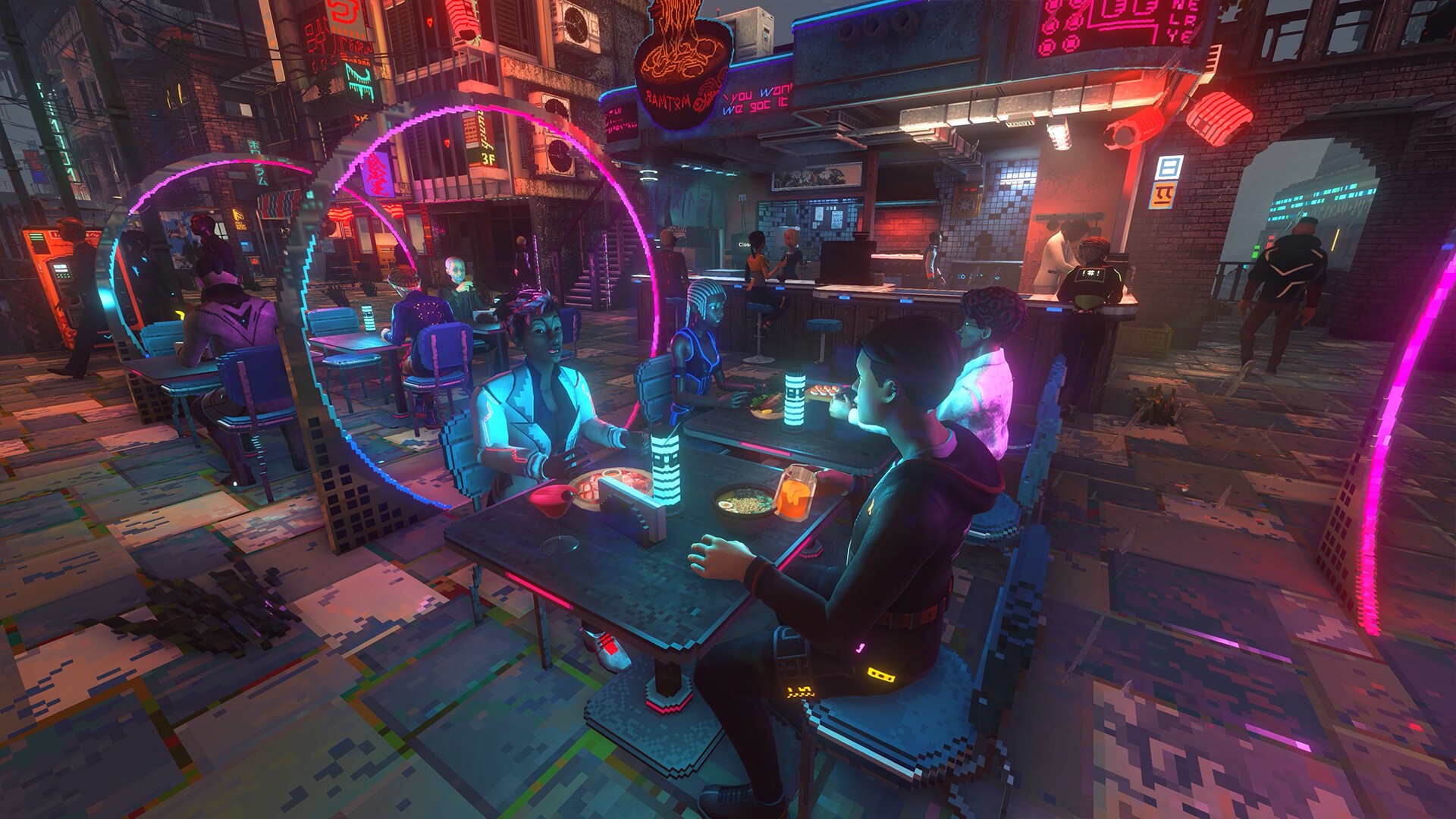 Residents sharing food and conversation at a neon restaurant