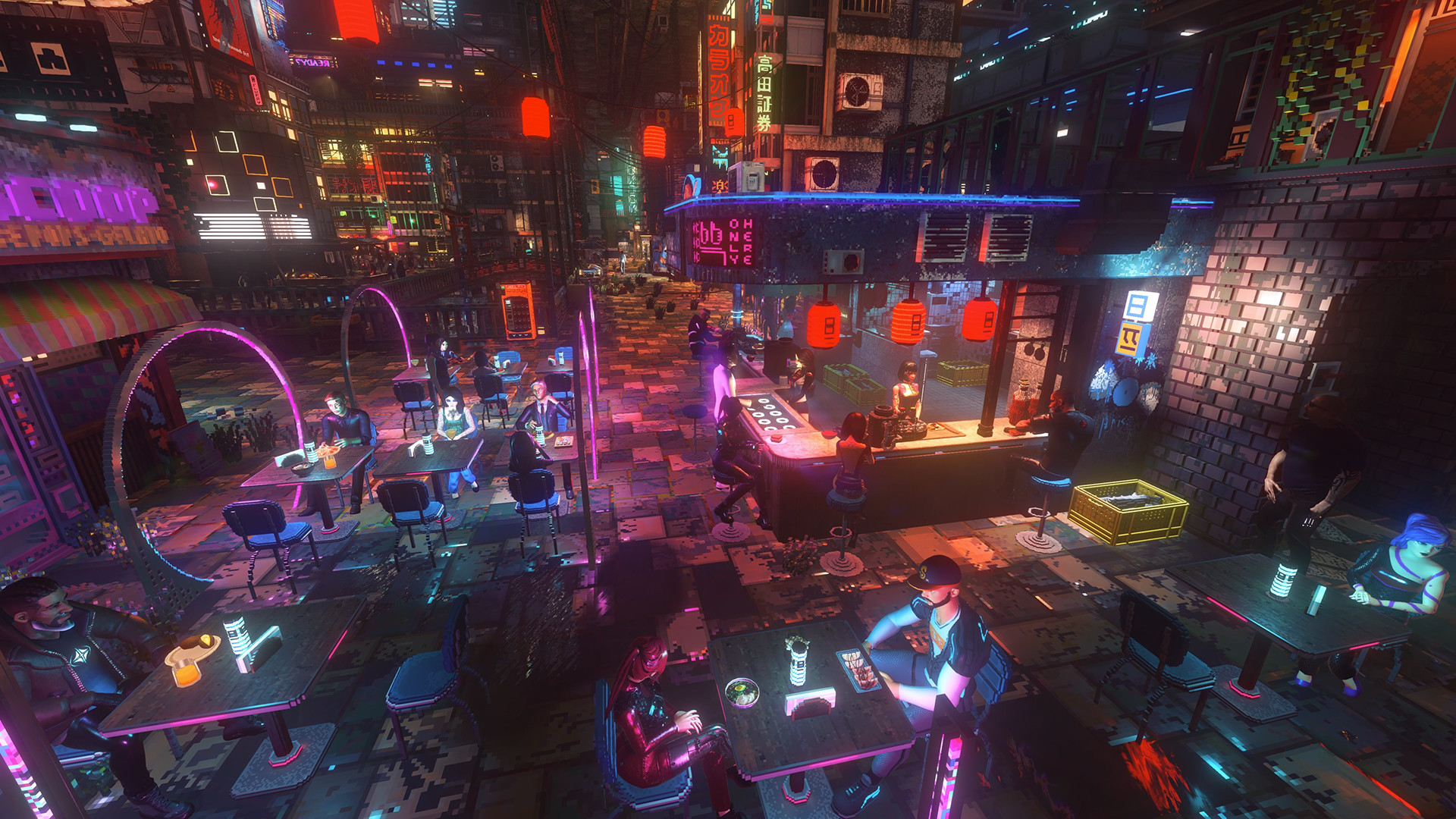 A crowded outdoor restaurant glowing with neon light