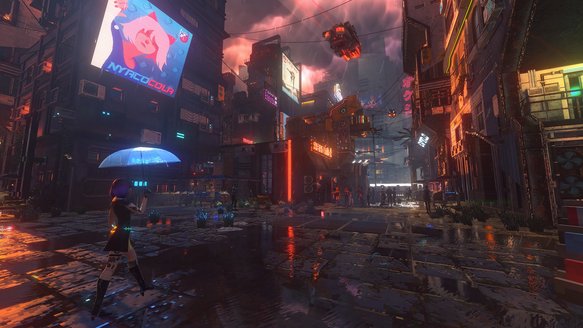 A person carrying an illuminated umbrella on a rainy Nivalis street