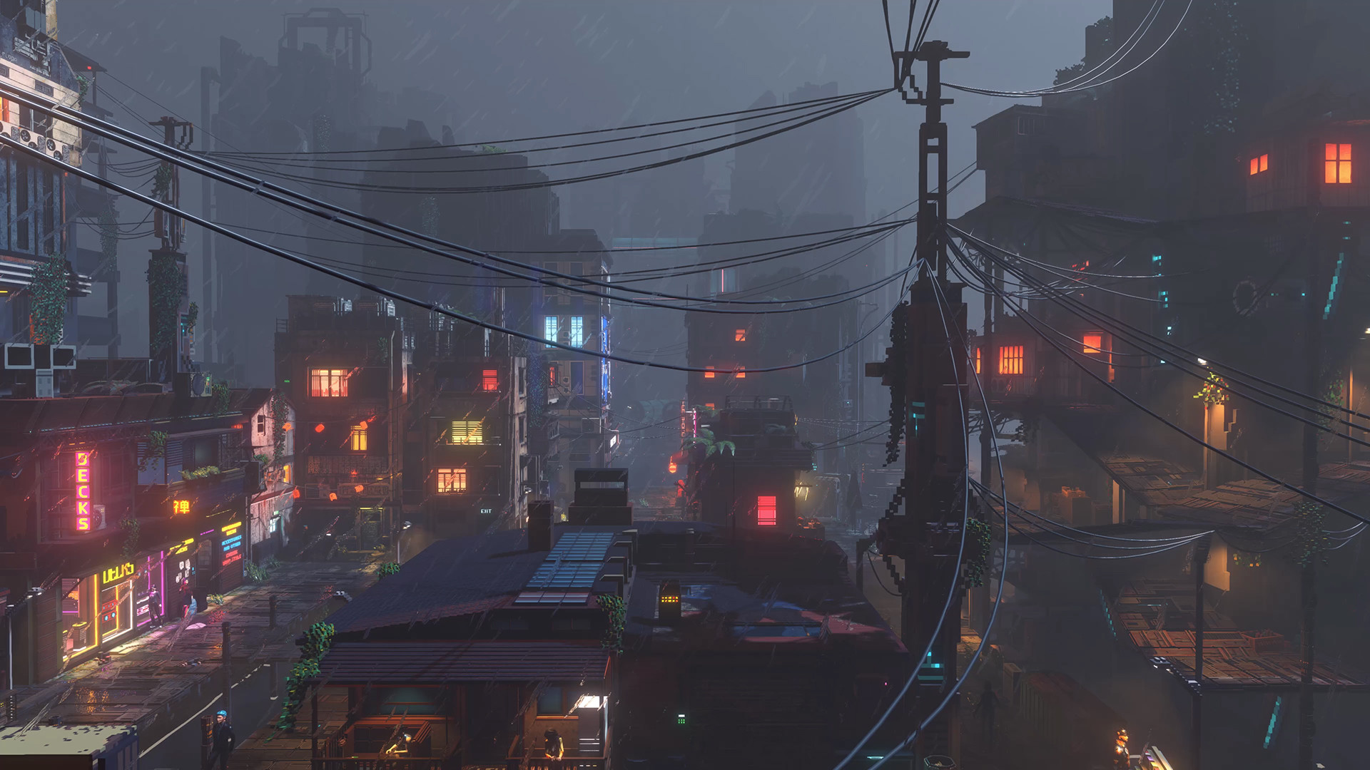 A dark residential district of Nivalis under heavy rain